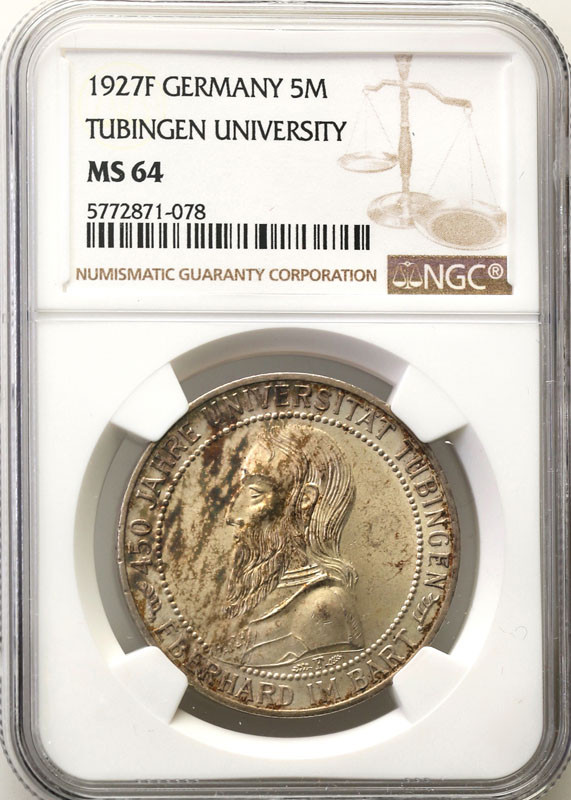 Niemcy, Weimar. 5 marek 1927 F, Stuttgart - Uni. Tubingen NGC MS64 - Rzadkie